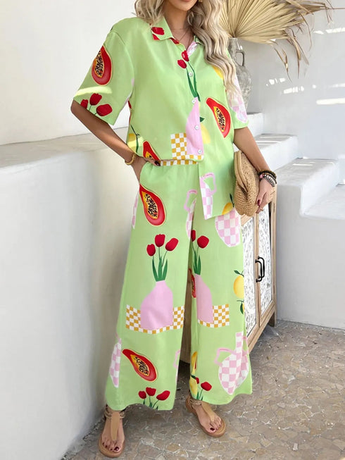 'Splendory' Collared Print Top and Pants Set - Celes Fashion